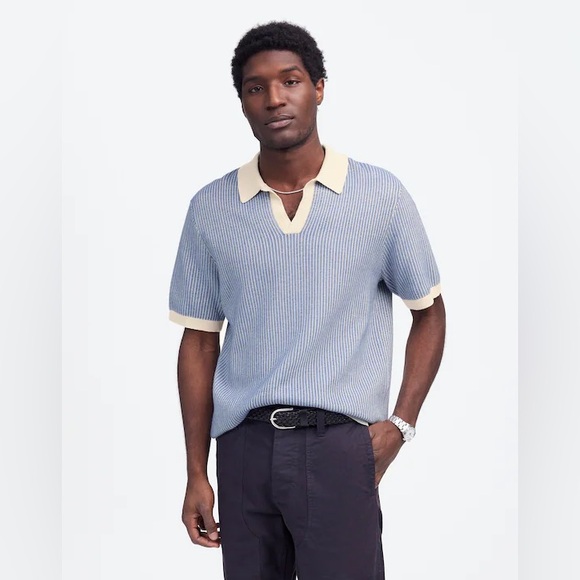 NWOT Madewell Men's Blue and Cream Tuck Stitch Johnny-Collar Sweater Polo Medium